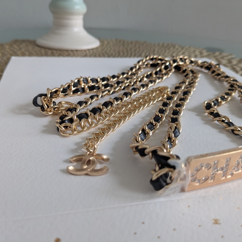 CHANEL Black and Gold Chain Belt with Crystal Logo Plaque - Picture 7 of 8